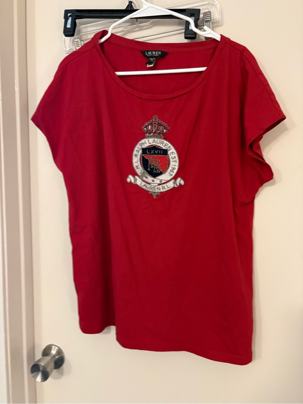 Ralph Lauren Red Crewneck Short-Sleeve Tee with Embroidered Crest